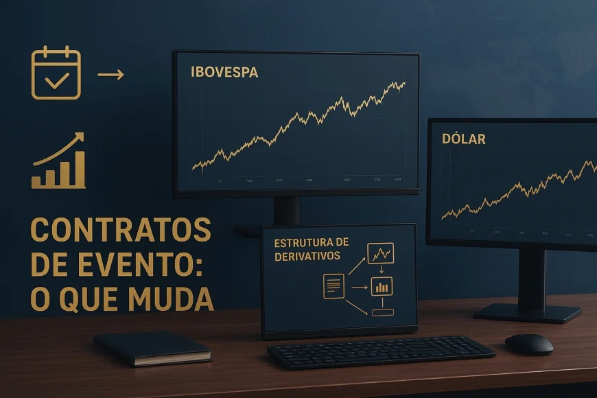 Mesa de operação analisando risco em Ibovespa e dólar com telas de mercado