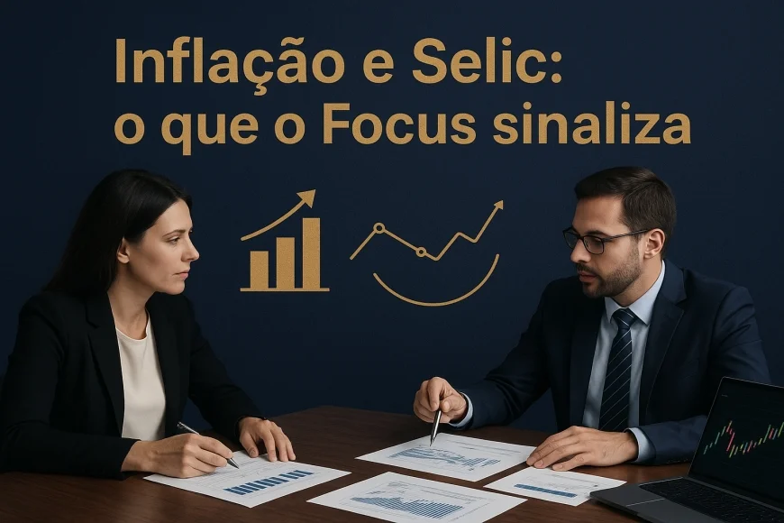 Analistas financeiros discutindo gráfico de juros e inflação em mesa de trabalho