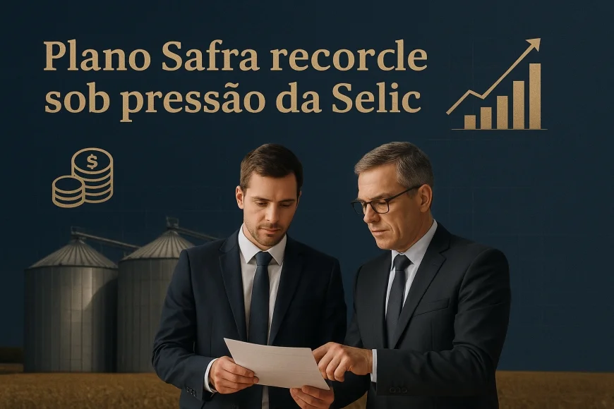 Executivos do agro analisando contratos de crédito com silos ao fundo