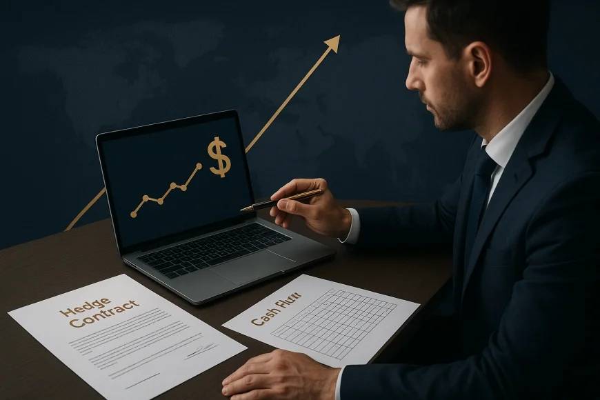 Analista de tesouraria avaliando contrato de hedge com gráfico do dólar