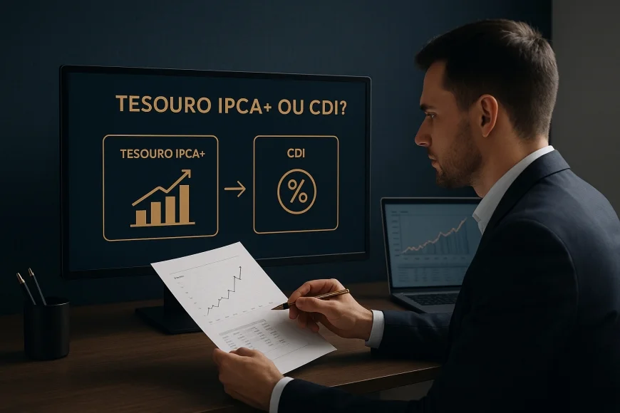 Analista financeiro comparando títulos públicos e CDI em mesa corporativa