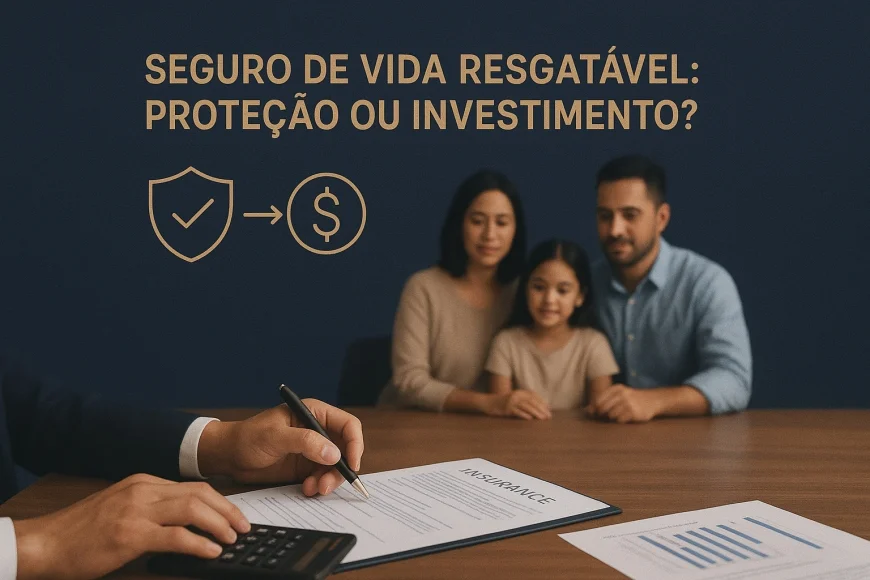 Consultor analisando contrato de seguro com família ao fundo e calculadora