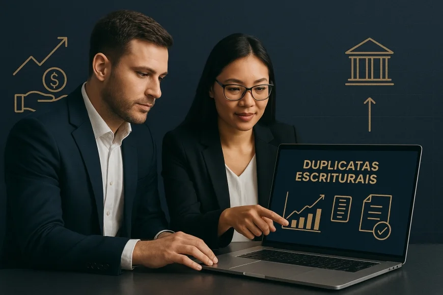 Empresária e analista revisando registros digitais de recebíveis
