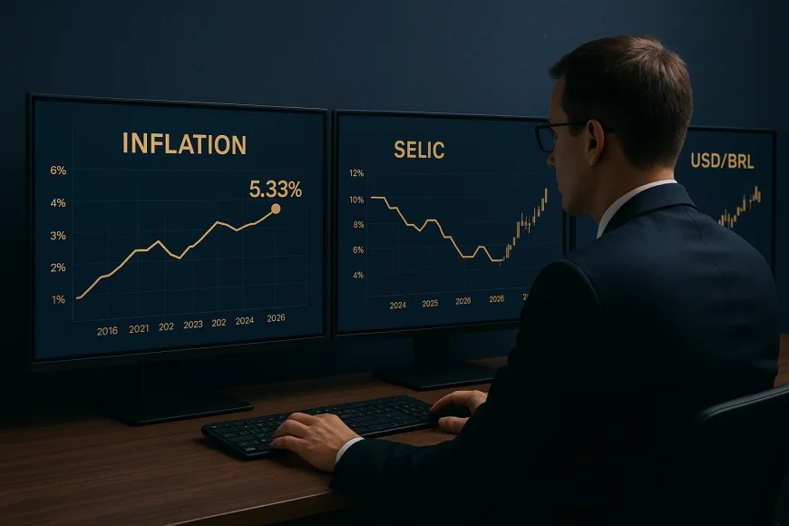 Analista financeiro acompanha projeções de inflação e juros em telas