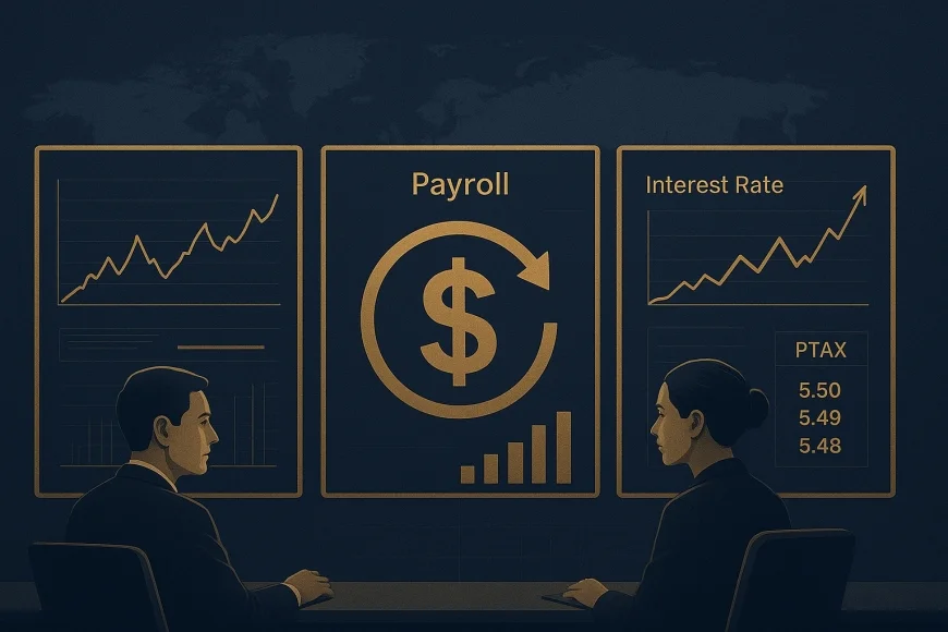 Analistas de câmbio monitorando payroll americano e curva de juros em telas