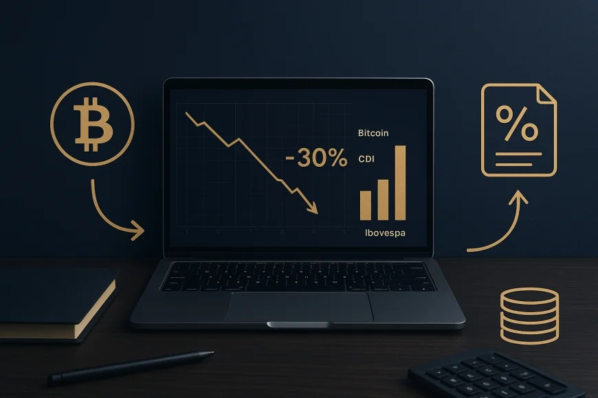 Mesa de análise financeira com gráficos comparando bitcoin, CDI e Ibovespa