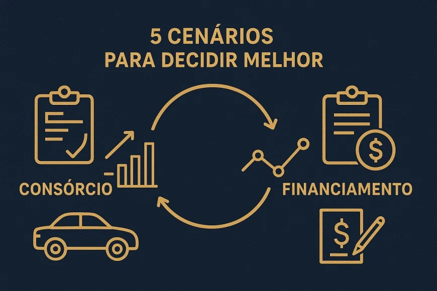 Mesa de operação financeira analisando contratos de consórcio e financiamento com gráficos de juros e prazos
