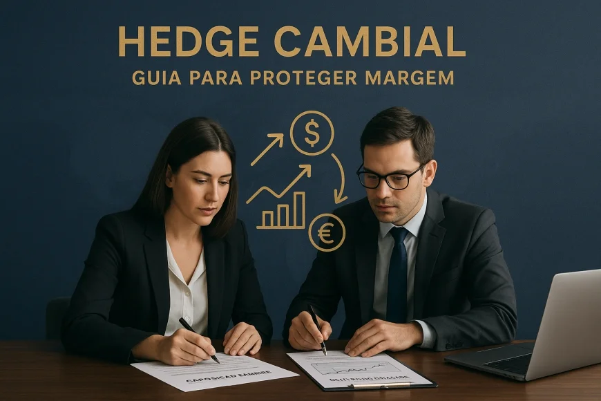 Analistas em mesa de tesouraria avaliando contratos de proteção cambial