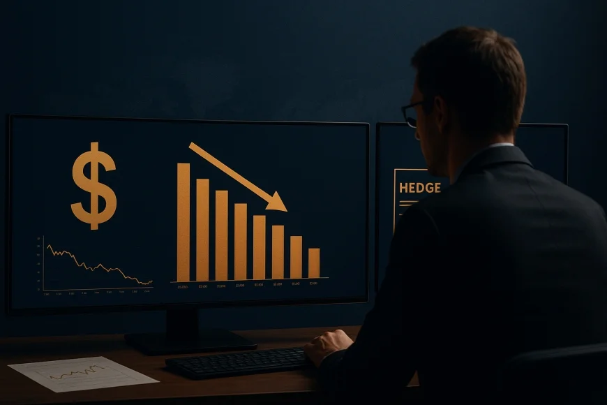 Analista acompanha telas de dólar e contratos de hedge em mesa de câmbio