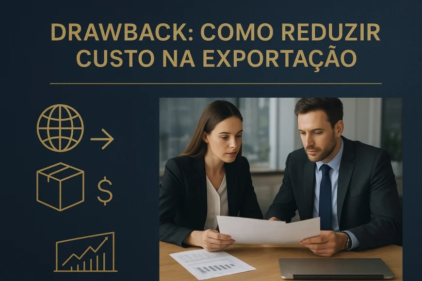 Analistas revisando documentos de exportação e gráfico de câmbio
